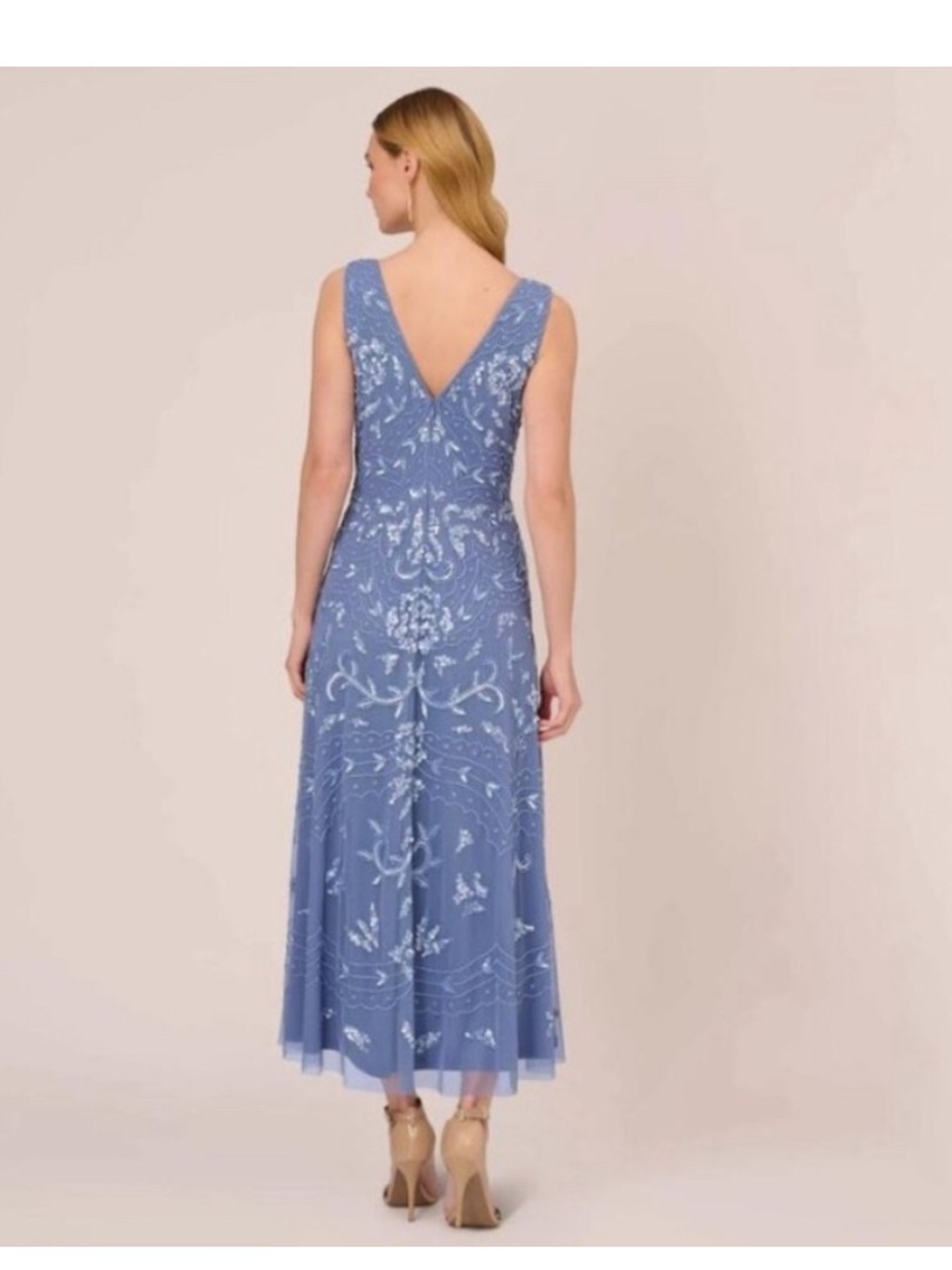 Adrianna Papell Dress SZ 14 Blue Sequin Beaded Midi Formal Cocktail NWT GALA MOB - Picture 4 of 13